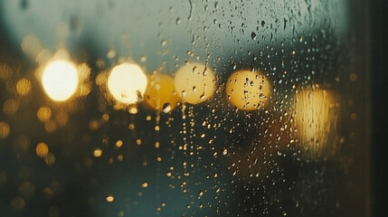 A serene rainy window scene with blurred lights creating a calm atmosphere.
