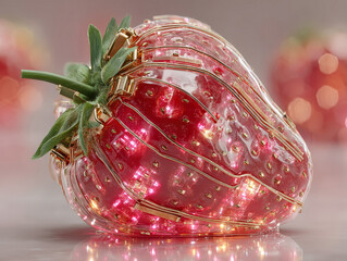 Transparent protective case encloses a hyper-realistic, chrome-veined strawberry on sterile glass with digital light matrix Pink-red color scheme, rich red berry, seeds, subtle shadows - AI-Generated