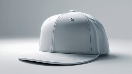 A simple white baseball cap on a white surface with a plain light gray background in a studio shot