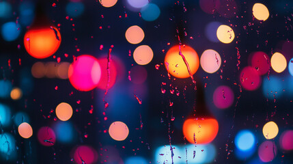 Colorful bokeh lights seen through a rain-splattered window.