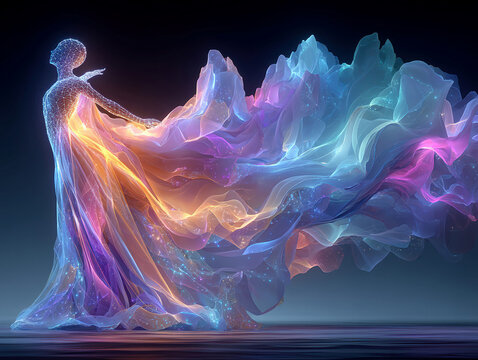 A vibrant digital art piece showcases an ethereal, glowing wireframe dancer in fluid motion, leaving neon streaks of pink, orange, and blue against a dark backdrop with sharp angular li - AI-Generated