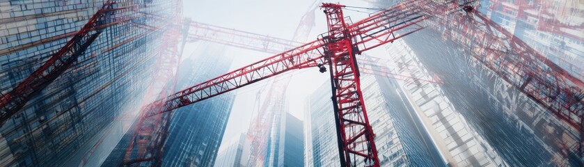 Fototapeta premium Abstract image of crane booms overlapping with city skyscrapers steel meets skyline