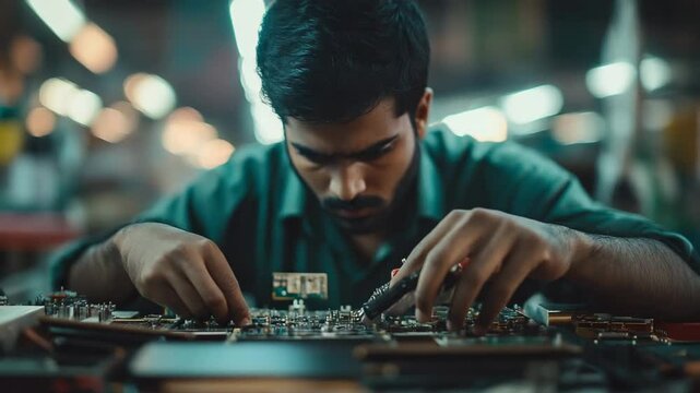 A man is working on a project, fixing a piece of equipment. He is focused and determined, and the scene conveys a sense of concentration and dedication to his work