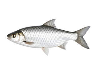 Detailed close-up of a silver barb, highlighting scales and flowing fins, white background or png.
