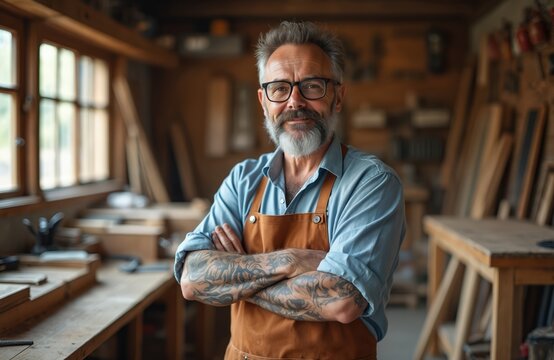 Confident craftsman with tattoos stands in workshop with crossed arms. Smiling artisan wearing apron, glasses looks at camera. Skilled woodworker in carpenter shop. Portrait of mature man with beard,