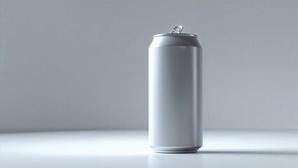 Close up of a silver aluminum can standing on a white surface against a light gray background