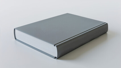 A gray hardcover book with white pages resting on a white surface in a simple composition style