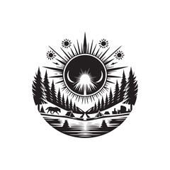 Winter Solstice Silhouette Vector Illustration, Solid White Background.