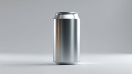 A single sleek aluminum can standing upright on a white surface against a gray background studio shot