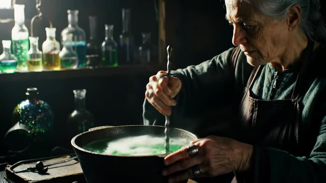 Elderly woman stirring potion