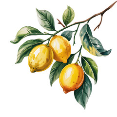 Watercolor Lemons on Branch with Leaves on Transparent Background