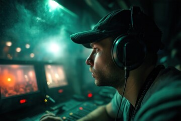 Lighting engineer working during live show using control desk
