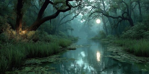Eerie Moonlit Swamp with Twisted Trees and Dancing Fog Under Full Moon