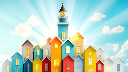 Fototapeta premium Colorful town skyline with a central clock tower, bathed in sunlight