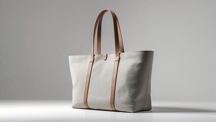A simple gray tote bag with brown leather straps standing on a white surface against a gray backdrop