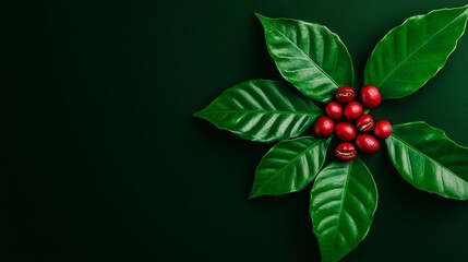 Red coffee beans and green leaves are arranged on a dark green background, creating a visually appealing composition.