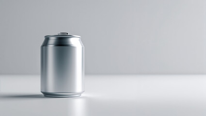 Close up of a plain silver aluminum can on a white surface with a neutral gray background studio shot