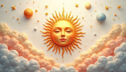 Celestial design with sun face, clouds, stars on white. Tarot card art style, astrological theme, mystical artwork. Spiritual vibes. Symbolism of the cosmos, intuition.