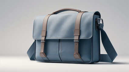 A stylish blue leather messenger bag with brown straps and handle on a neutral background studio shot