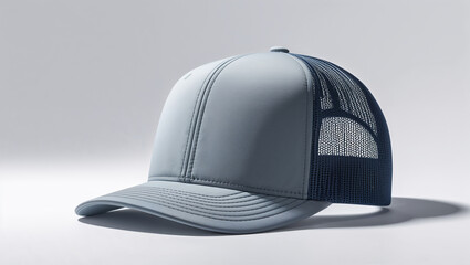 Isolated gray trucker hat with black mesh back on a white surface in a studio setting with shadow