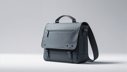 A gray leather messenger bag with a handle and shoulder strap on a white background in a studio setting