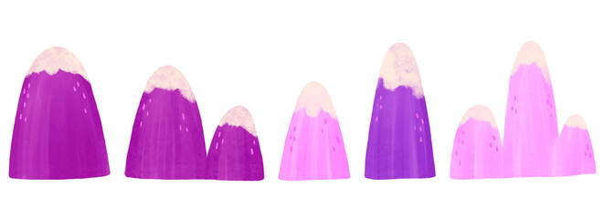 Set of mountains and peaks, hills, rockes. Hand drawn watercolor collection