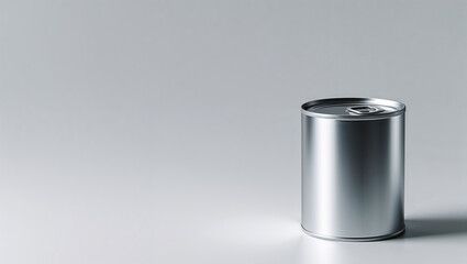 A single silver metal can with a pull tab on top sitting on a white surface with a gray background