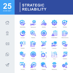 Strategic Reliability icon set for reliability management covering maintenance, dependability, failure prevention, and strategic planning in industrial and operational systems.