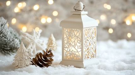 A white lantern glowing softly amidst winter decorations.