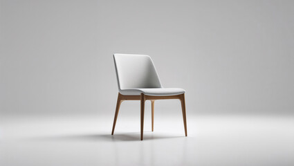 A single modern chair with white upholstery and wooden legs on a white background in studio light