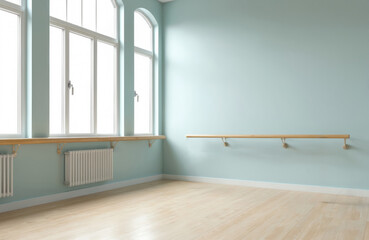 Empty dance studio with ballet barre. Room features large windows wooden floor. Interior design, light, shadow. Modern dance school. Space for workout, stretching exercises. Light mint color on