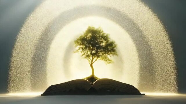 book wisdom inspiration, spiritual growth symbolism, tree growing from book, tree growing from knowledge, tree growing from wisdom, knowledge tree, spiritual book, light rays