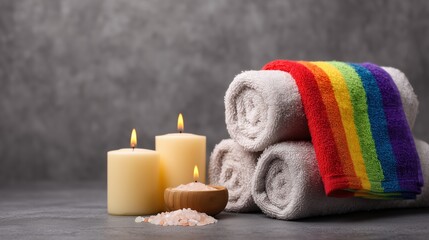 Obraz na płótnie Canvas Rolled white towels with one rainbow towel on a spa table, surrounded by candles, salt, and heart-shaped soap. A serene Pride Month wellness concept blending LGBTQ+ pride with self-care luxury.