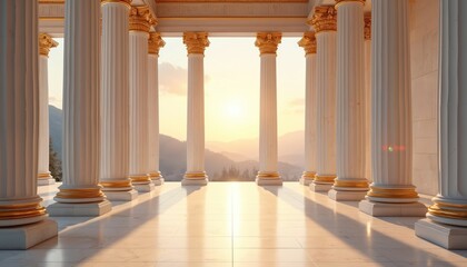 Classical columns during golden hour. White marble stone pillars with golden capitals. Warm sunlight highlights texture, creates shadows. Antique architecture, ancient civilization, travel to Greece,