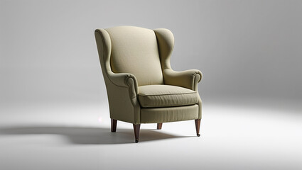 A light green wingback chair with dark wood legs sits on a white surface in a studio setting