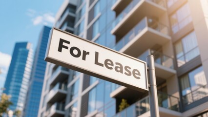 Fototapeta premium Modern apartment building with for lease sign in focus, urban real estate rental property and commercial space vacancy concept.