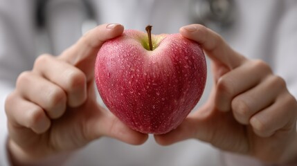 A healthcare professional holding a fresh red apple, symbolizing health and nutrition in a clinical setting