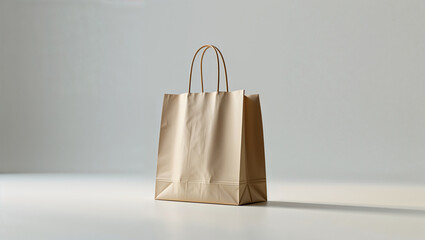A simple brown paper shopping bag with handles on a white surface against a white background