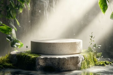 Rough stone podium with moss and dew for natural cosmetics presentation