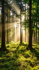 Naklejka premium Beautiful rays of sunlight in a green forest