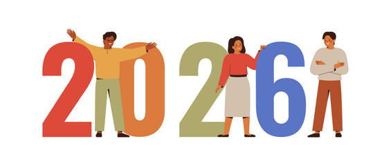 Horizontal banner with Happy people near 2026 colourful numbers. Smiling friends and colleagues celebrate new year holidays and christmas. Vector illustration