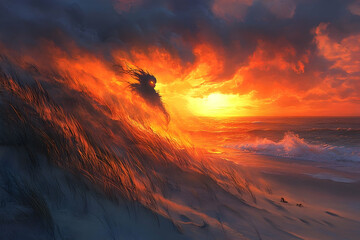 Fiery sunset over a windswept beach.