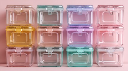 Colorful Transparent Storage Containers in Neatly Arranged Rows on Pink Background