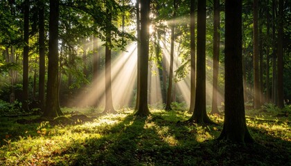 Beautiful rays of sunlight in a green forest
