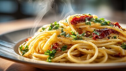 Pan set pasta, with rich sauce and embellishment, soft natural light shining through the kitchen window, shallow depth of field highlighting texture, steam rising, presenting ultimate cuisine.