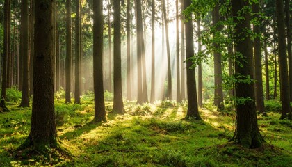 Obraz premium Beautiful rays of sunlight in a green forest