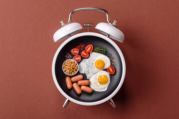 Breakfast of fried eggs with bacon or sausage and vegetables. ? plate on a vintage alarm clock