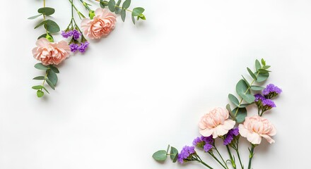 Delicate Floral Arrangement of Pink Carnations and Eucalyptus on White Background 