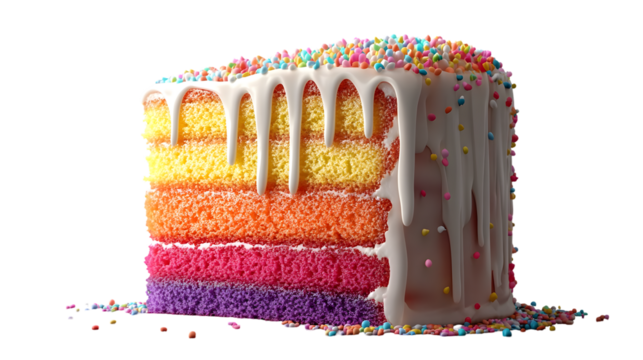Hyper-realistic image of a rainbow cake with visible vibrant layers (red, orange, yellow, green, blue, and purple)