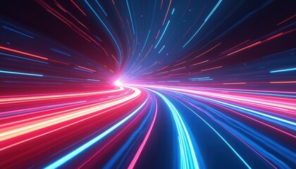 Abstract neon background with speed road. Glowing lines in blue pink red violet colors. Fast moving light beams, dynamic motion. Modern tech design for digital visual content.